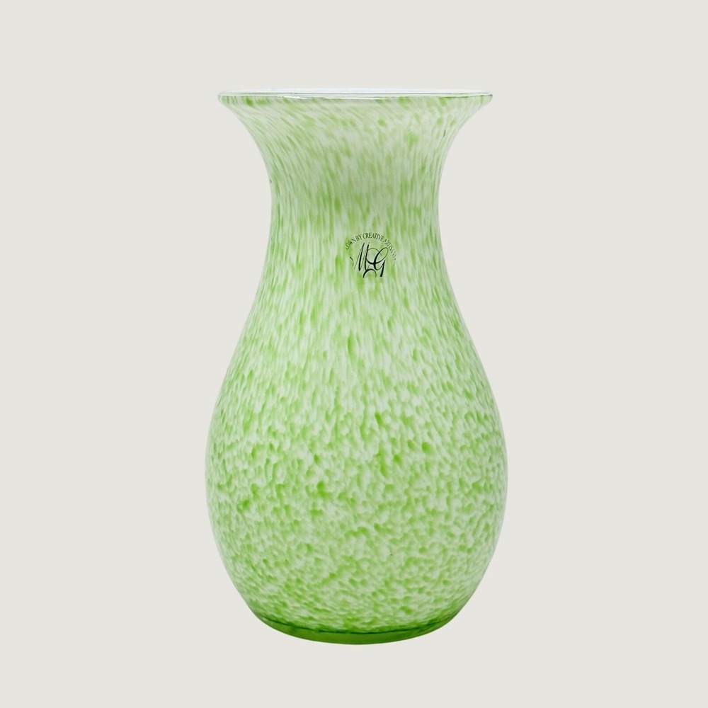 Creative Artisans Hand Blown Art Glass Vase Green White Spatter Trumpet 8 Y2K‎